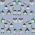 Seamless pattern of a group of black and white houses of different types with green trees, background for printing